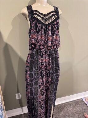 Free People Black Maxi Dress with Pink & Purple Floral Print
